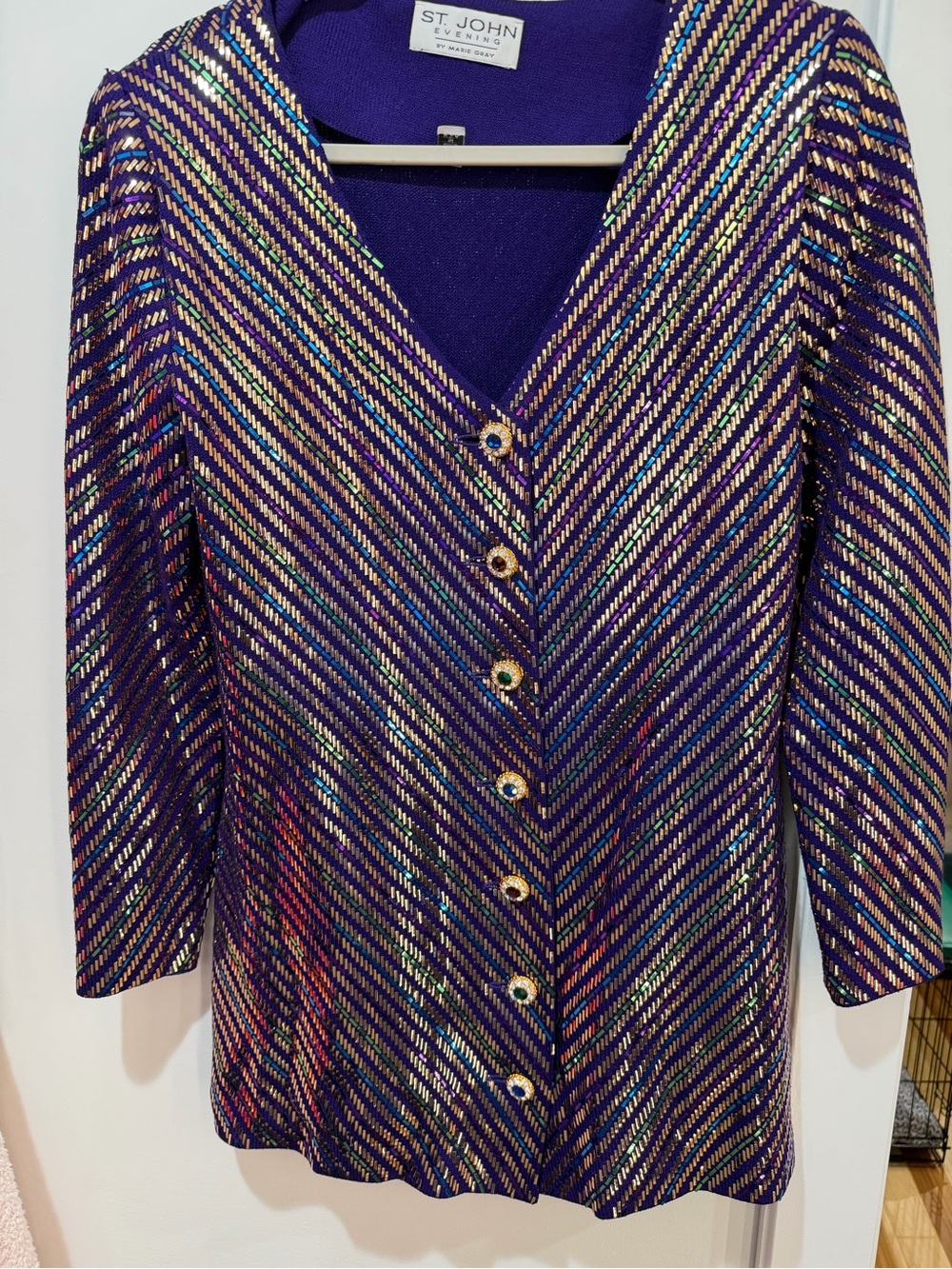St. John Purple Metallic Stripe Button-Front Knit Top